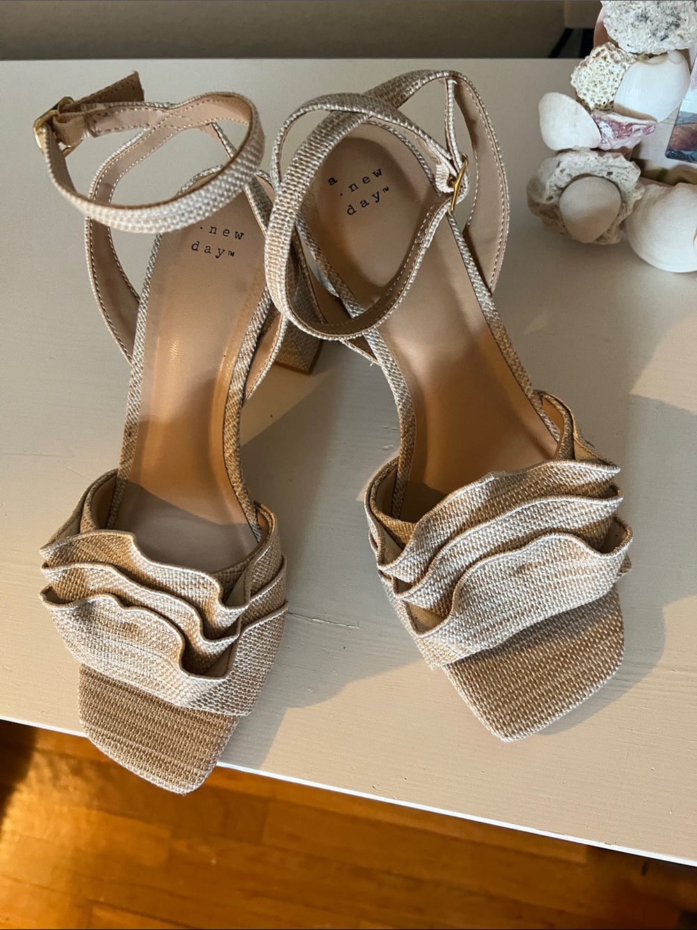 ***NEVER WORN*** a new day Beige Ruffle Block Heel Sandals - Picture 2 of 6